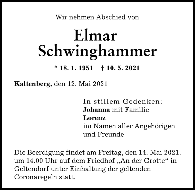 Traueranzeige von Elmar Schwinghammer von Landsberger Tagblatt