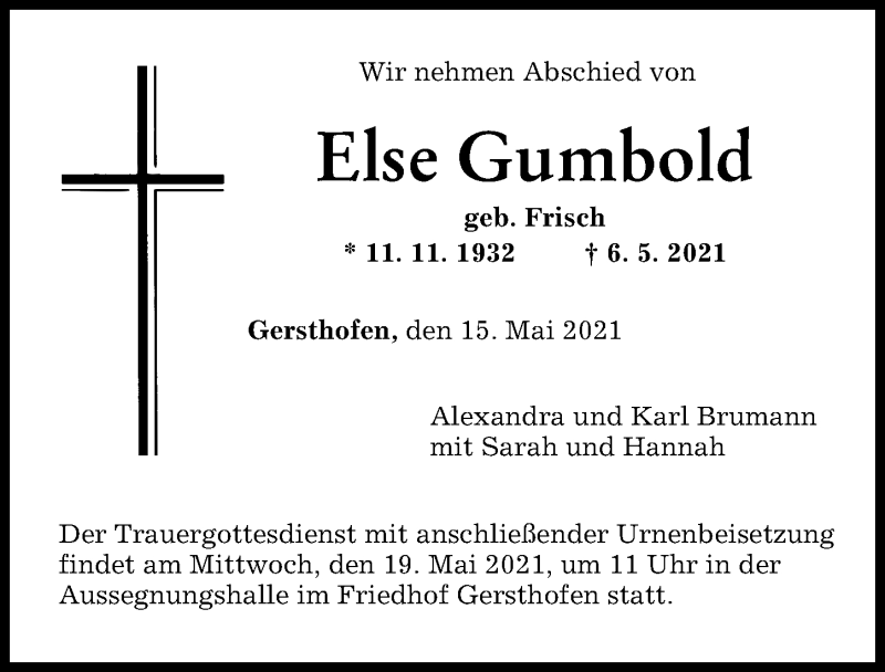 Traueranzeige von Else Gumbold von Augsburger Allgemeine