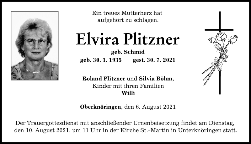 Traueranzeige von Elvira Plitzner von Günzburger Zeitung