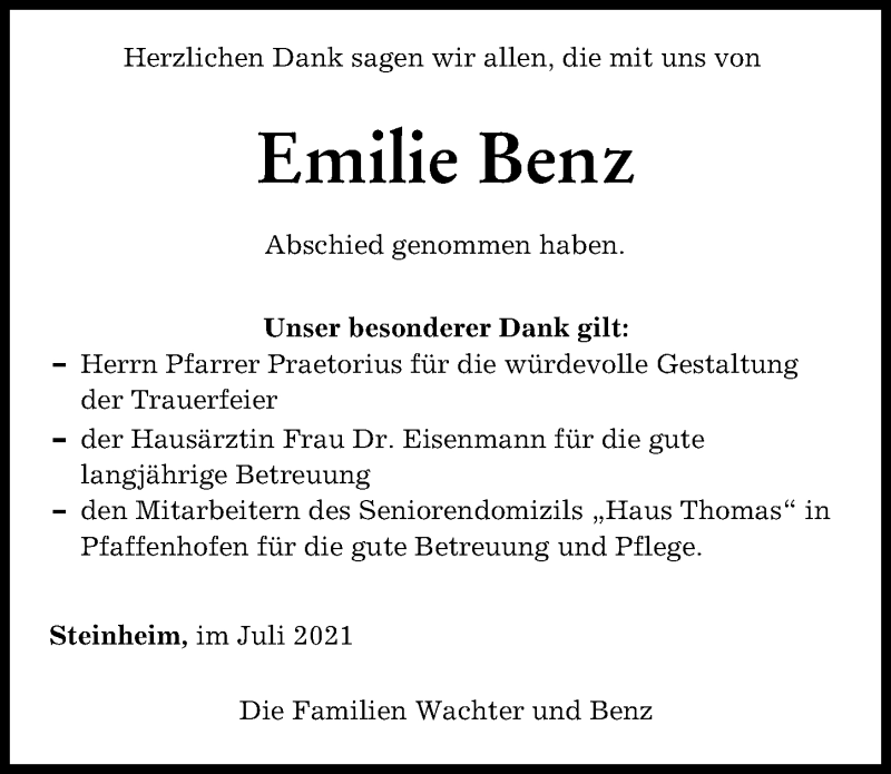 Traueranzeige von Emilie Benz von Neu-Ulmer Zeitung