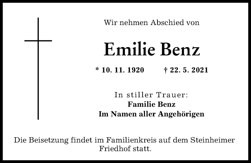 Traueranzeige von Emilie Benz von Neu-Ulmer Zeitung