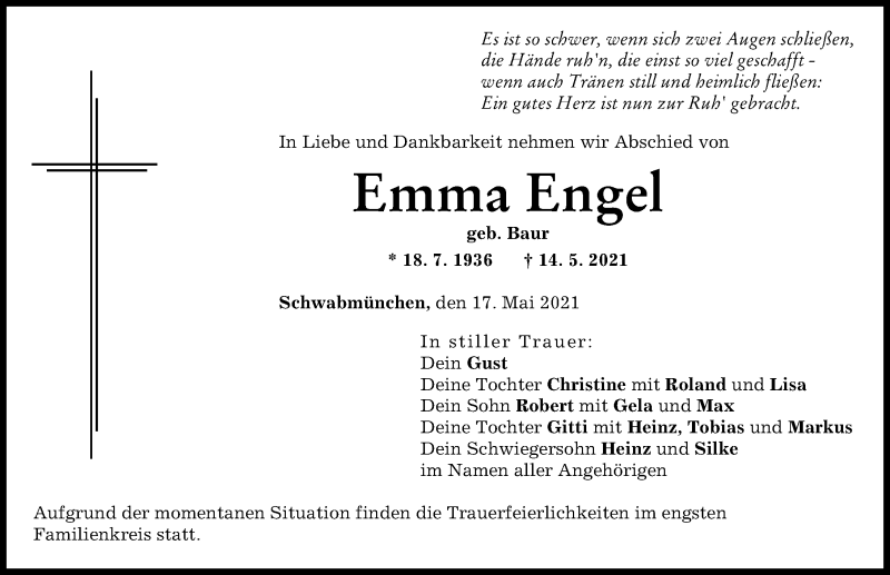 Traueranzeige von Emma Engel von Schwabmünchner Allgemeine