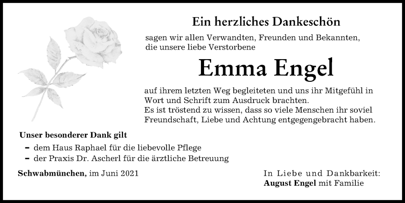 Traueranzeige von Emma Engel von Schwabmünchner Allgemeine