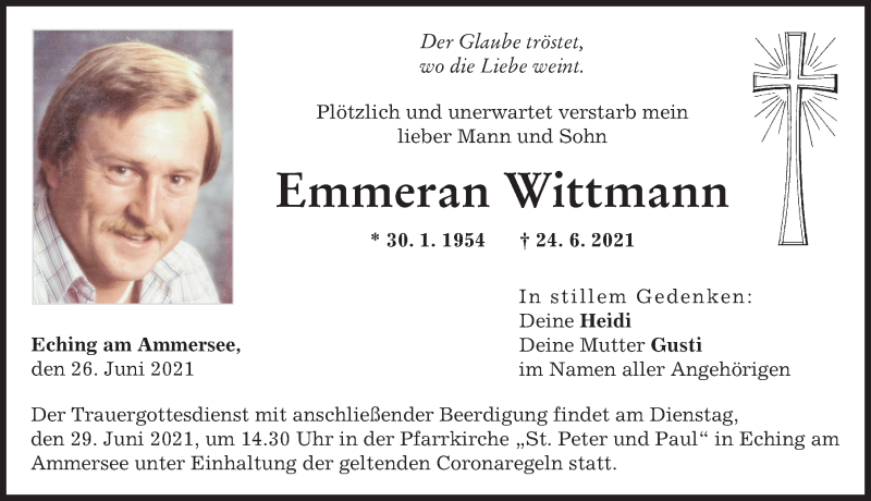 Traueranzeige von Emmeran Wittmann von Landsberger Tagblatt