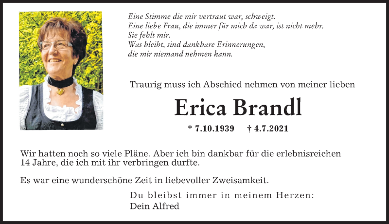 Traueranzeige von Erica Brandl von Augsburger Allgemeine