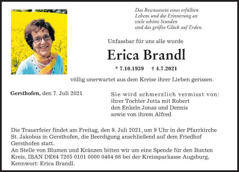 Traueranzeige von Erica Brandl von Augsburger Allgemeine