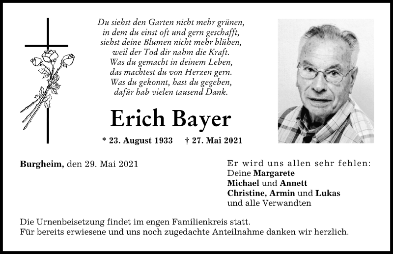 Traueranzeige von Erich Bayer von Neuburger Rundschau