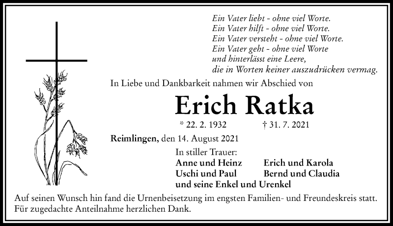 Traueranzeige von Erich Ratka von Rieser Nachrichten