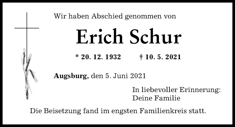 Traueranzeige von Erich Schur von Augsburger Allgemeine