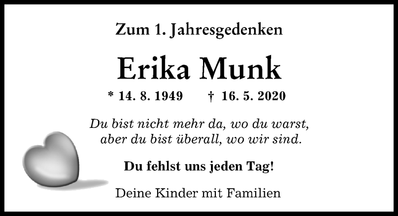 Traueranzeige von Erika Munk von Augsburger Allgemeine