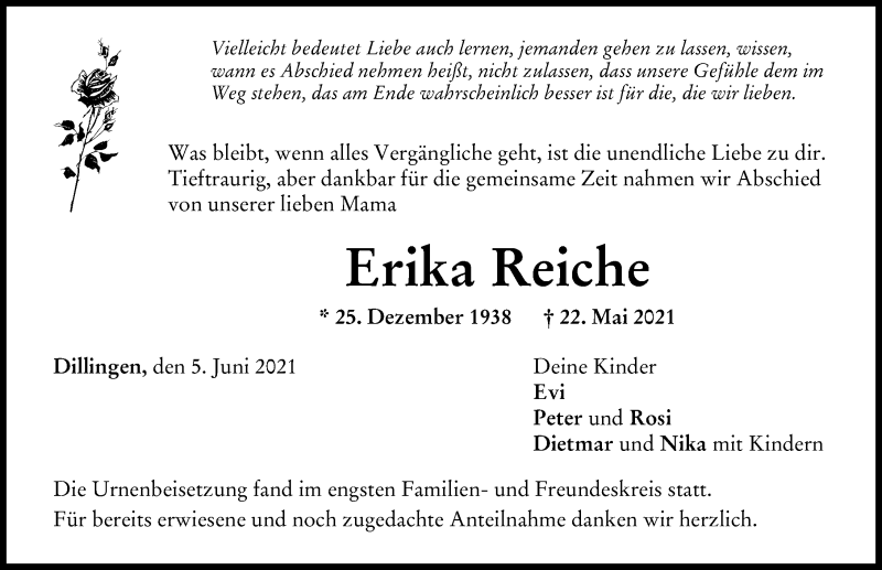 Traueranzeige von Erika Reiche von Donau Zeitung