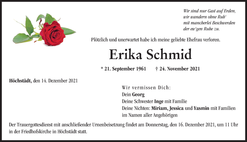  Traueranzeige für Erika Schmid vom 14.12.2021 aus Donau Zeitung