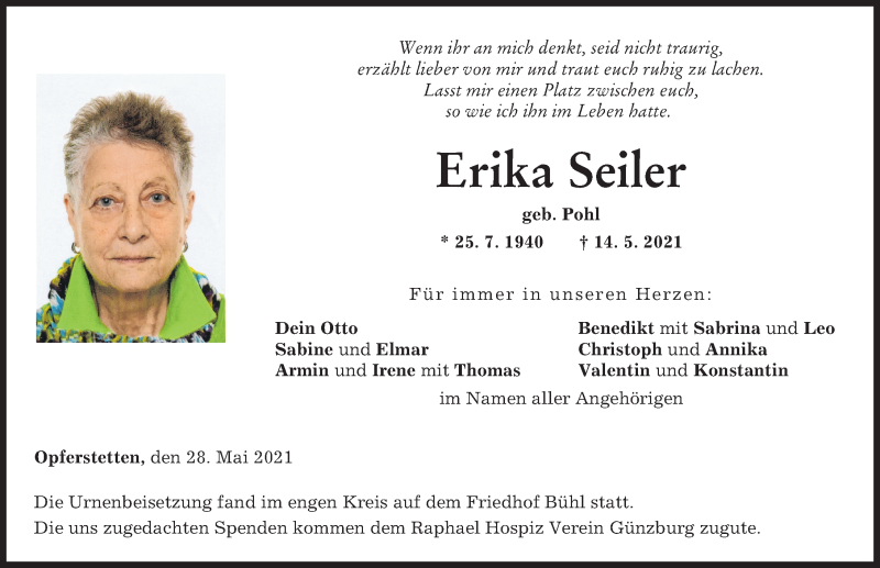 Traueranzeige von Erika Seiler von Günzburger Zeitung