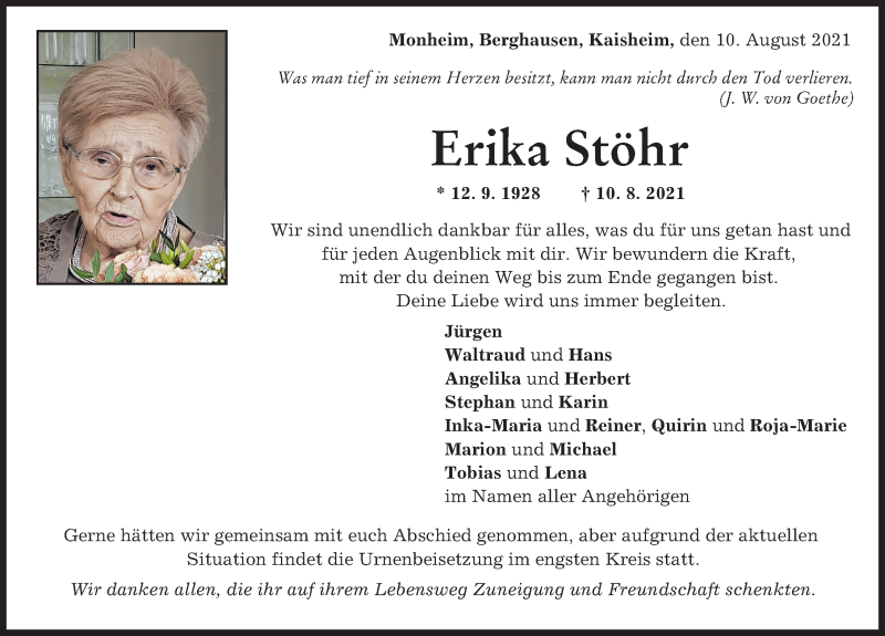 Traueranzeigen von Erika Stöhr | Augsburger Allgemeine Zeitung