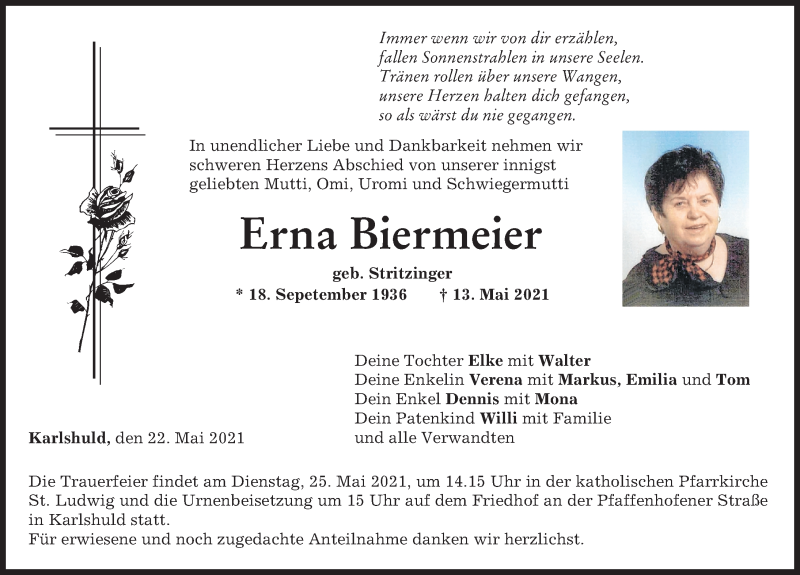 Traueranzeige von Erna Biermeier von Neuburger Rundschau