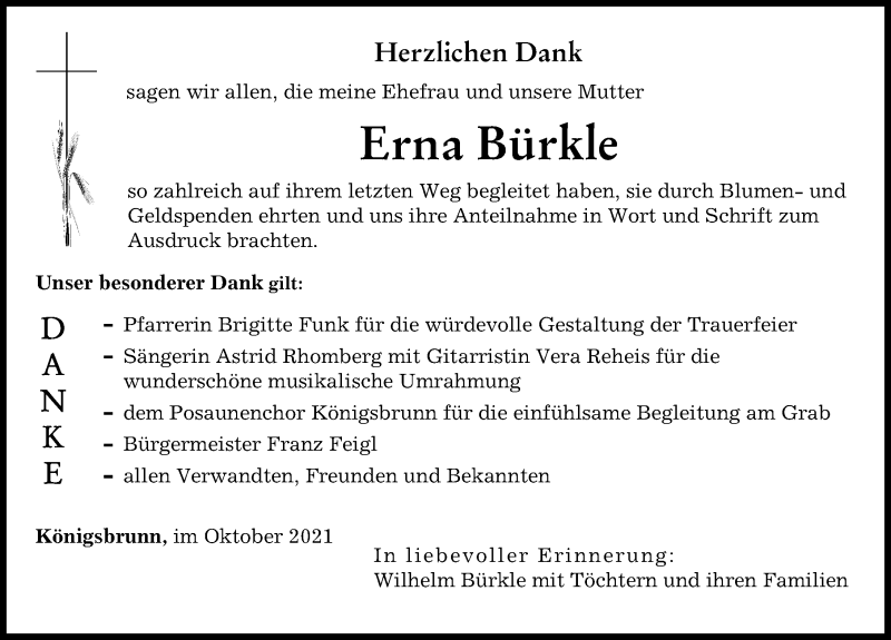 Traueranzeige von Erna Bürkle von Augsburger Allgemeine