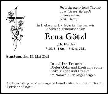 Traueranzeigen von Erna Götzl | Augsburger Allgemeine Zeitung