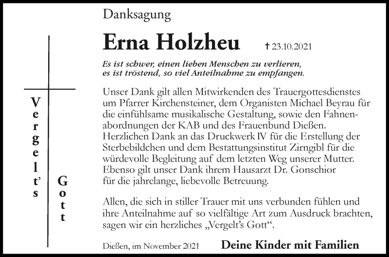 Traueranzeige von Erna Holzheu von Ammersee Kurier