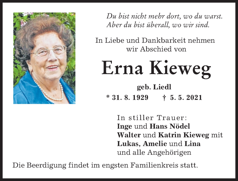 Traueranzeige von Erna Kieweg von Donauwörther Zeitung