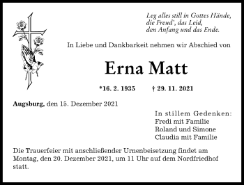 Traueranzeigen von Erna Matt | Augsburger Allgemeine Zeitung