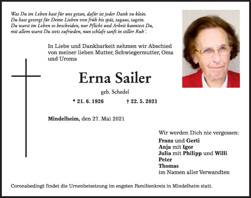 Traueranzeige von Erna Sailer von Mindelheimer Zeitung