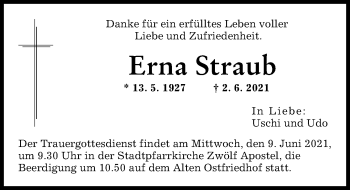 Traueranzeigen von Erna Straub | Augsburger Allgemeine Zeitung