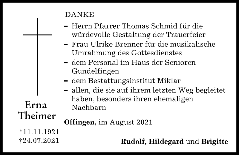 Traueranzeige von Erna Theimer von Günzburger Zeitung