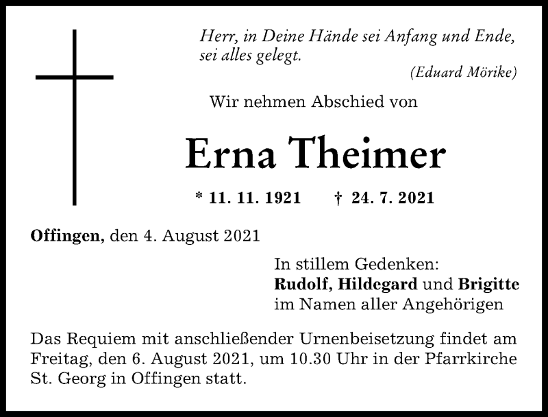 Traueranzeige von Erna Theimer von Günzburger Zeitung