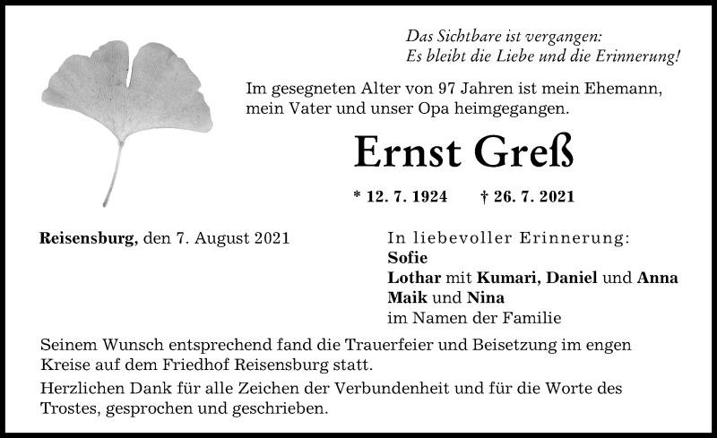 Traueranzeige von Ernst Greß von Günzburger Zeitung