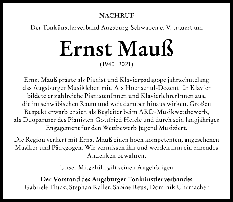 Traueranzeige von Ernst Mauß von Augsburger Allgemeine