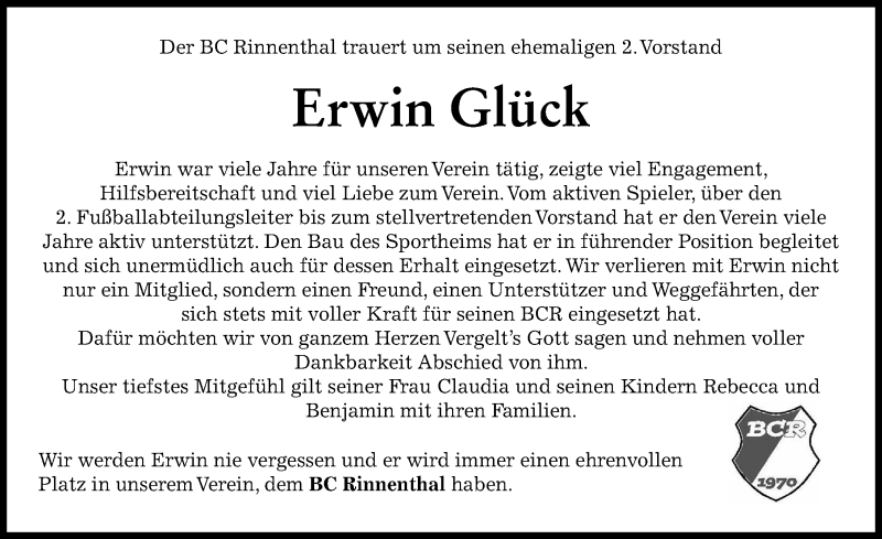 Traueranzeige von Erwin Glück von Friedberger Allgemeine