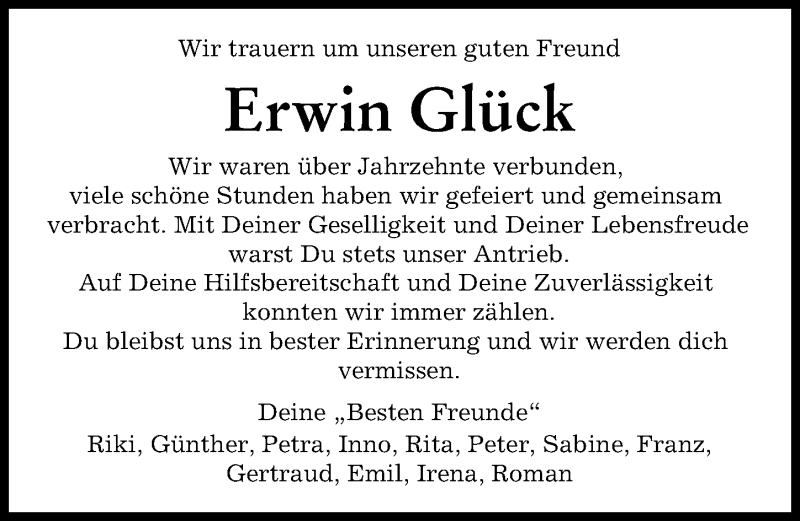 Traueranzeige von Erwin Glück von Friedberger Allgemeine