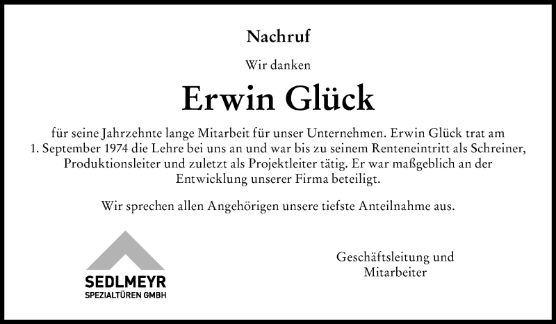 Traueranzeige von Erwin Glück von Friedberger Allgemeine