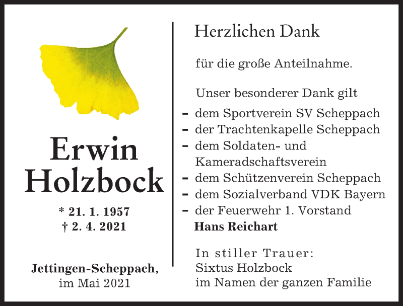 Traueranzeige von Erwin Holzbock von Günzburger Zeitung