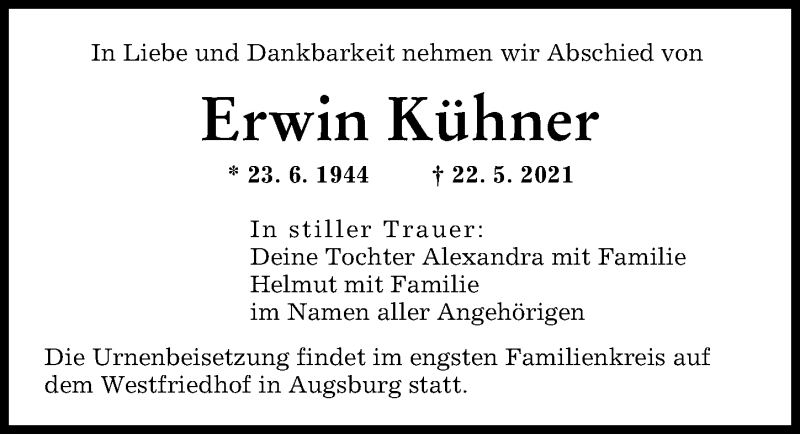 Traueranzeige von Erwin Kühner von Augsburger Allgemeine