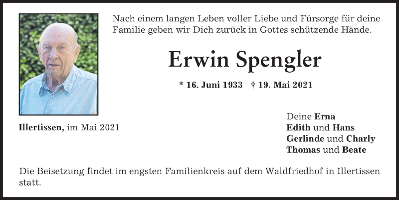 Traueranzeige von Erwin Spengler von Illertisser Zeitung