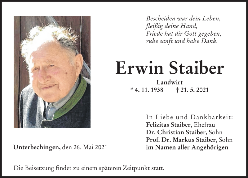 Traueranzeige von Erwin Staiber von Donau Zeitung