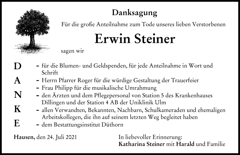 Traueranzeige von Erwin Steiner von Donau Zeitung