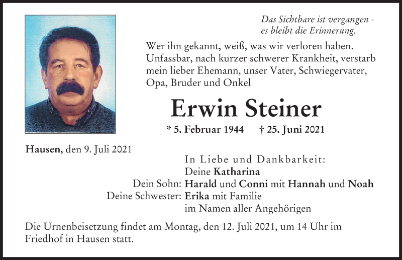 Traueranzeige von Erwin Steiner von Donau Zeitung