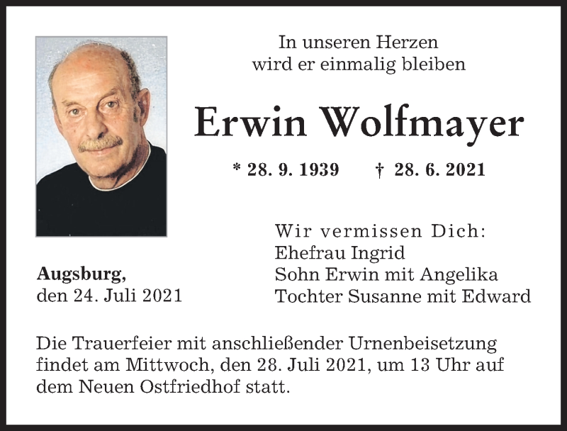 Traueranzeige von Erwin Wolfmayer von Augsburger Allgemeine