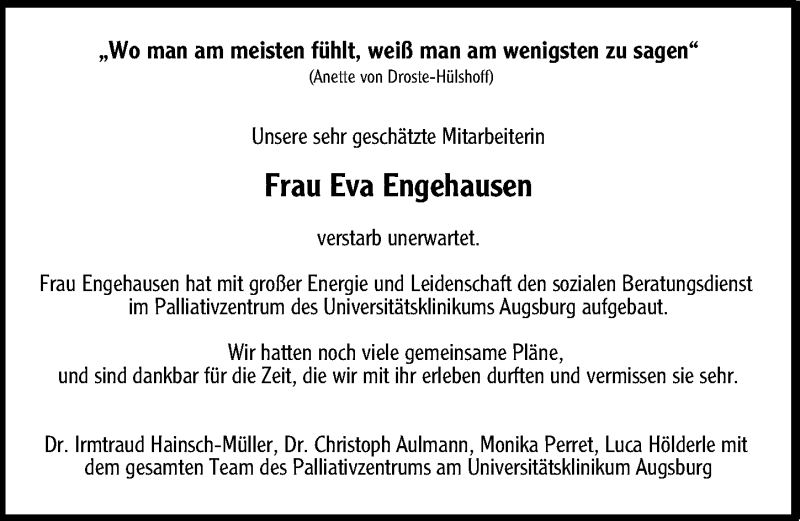 Traueranzeige von Eva Engehausen von Augsburger Allgemeine