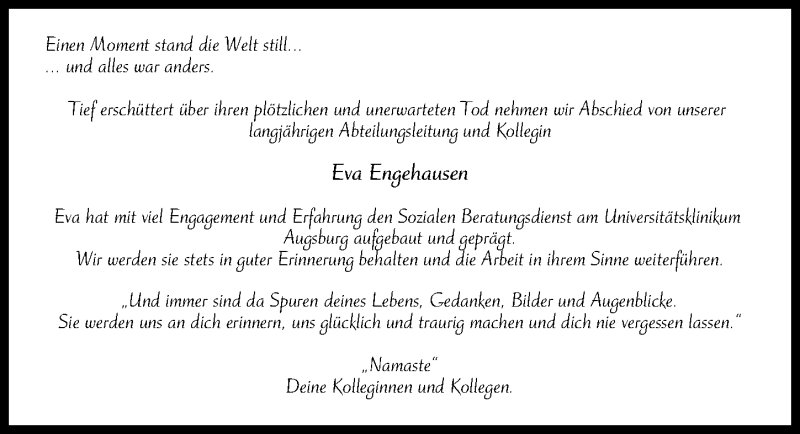 Traueranzeige von Eva Engehausen von Augsburger Allgemeine