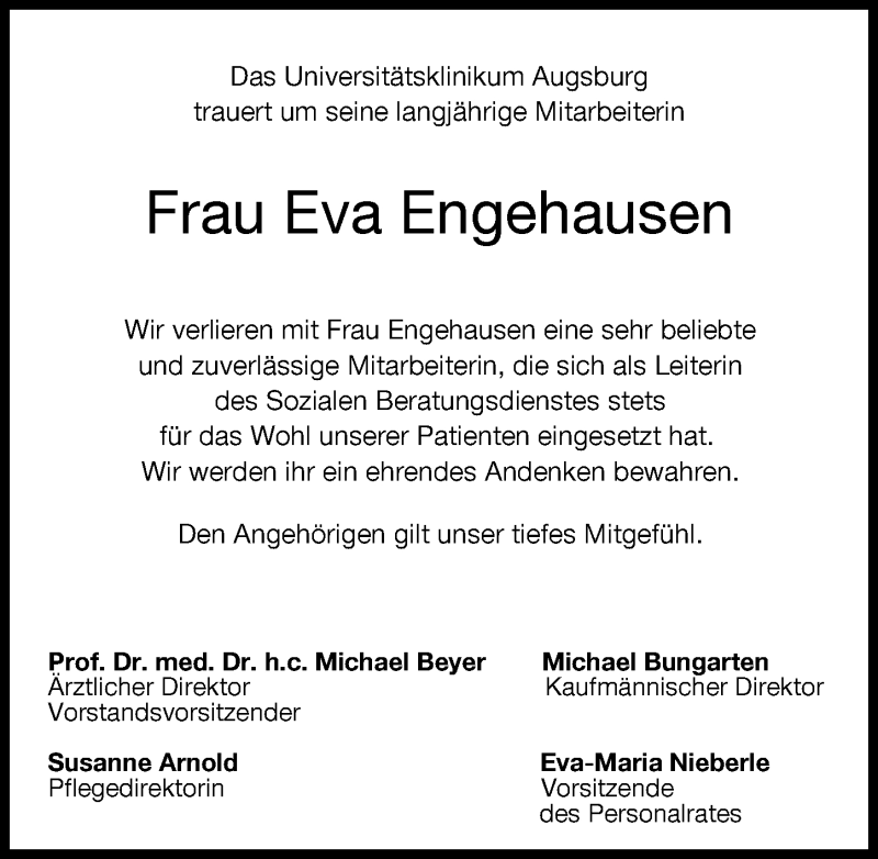 Traueranzeige von Eva Engehausen von Augsburger Allgemeine