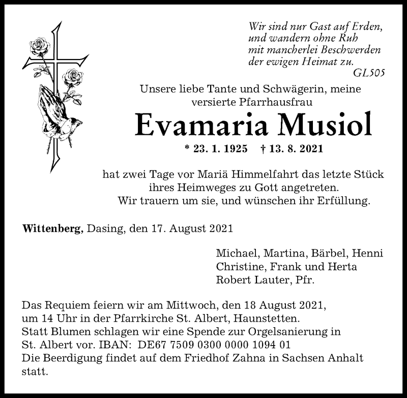 Traueranzeige von Evamaria Musiol von Augsburger Allgemeine