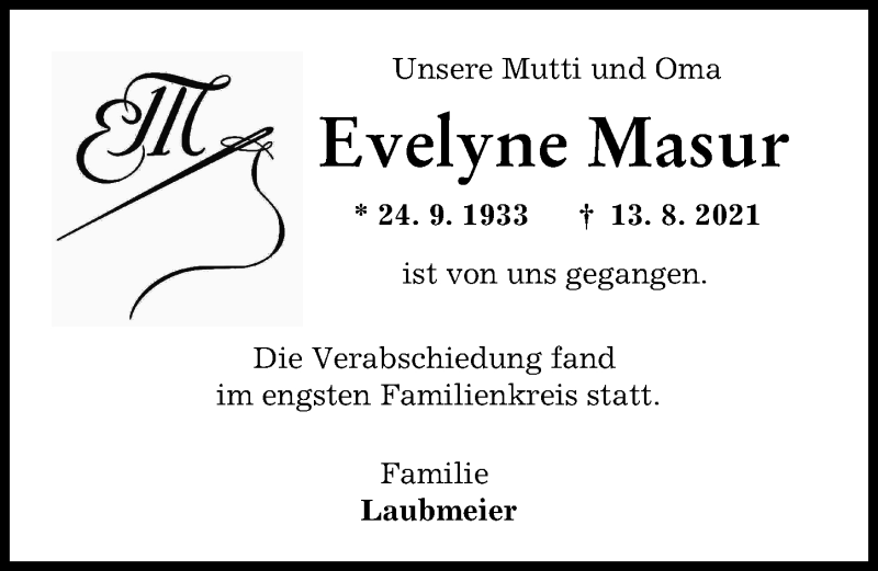 Traueranzeige von Evelyne Masur von Augsburger Allgemeine