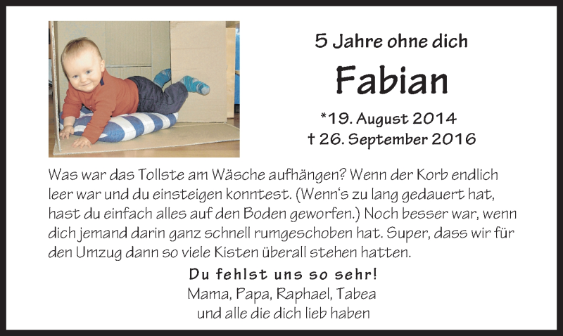  Traueranzeige für Fabian  vom 25.09.2021 aus Augsburger Allgemeine
