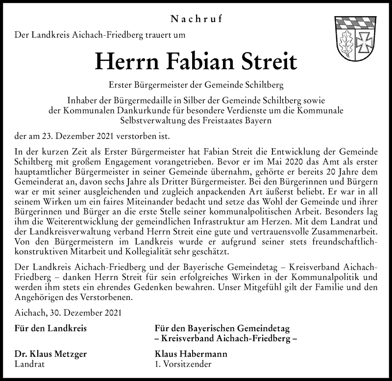 Traueranzeige von Fabian Streit von Aichacher Nachrichten, Friedberger Allgemeine