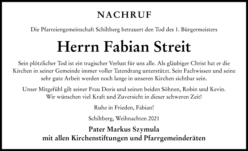  Traueranzeige für Fabian Streit vom 30.12.2021 aus Aichacher Nachrichten