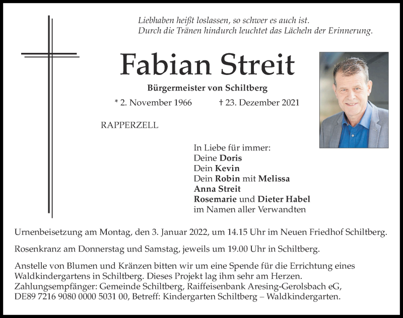  Traueranzeige für Fabian Streit vom 29.12.2021 aus Aichacher Nachrichten