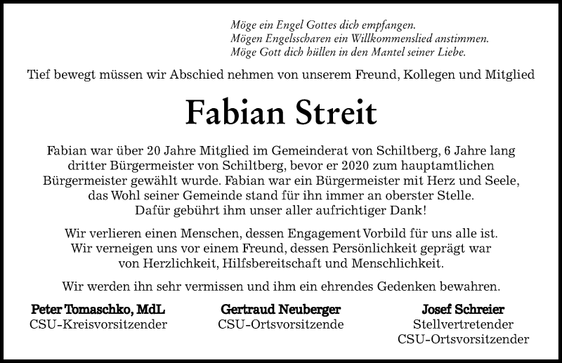 Traueranzeige von Fabian Streit von Friedberger Allgemeine, Aichacher Nachrichten